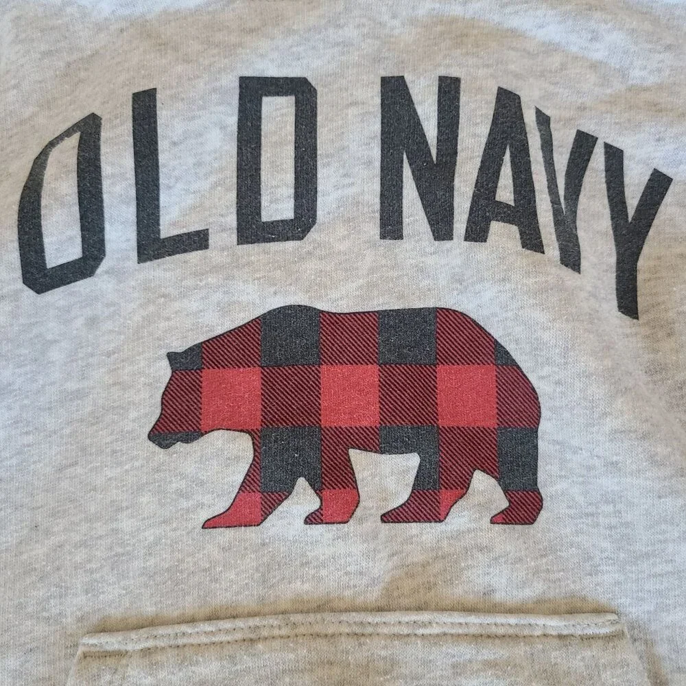 Old Navy Toddler Hoodie 4T Heather Gray Red Buffalo Plaid Bear Kangaroo Pocket